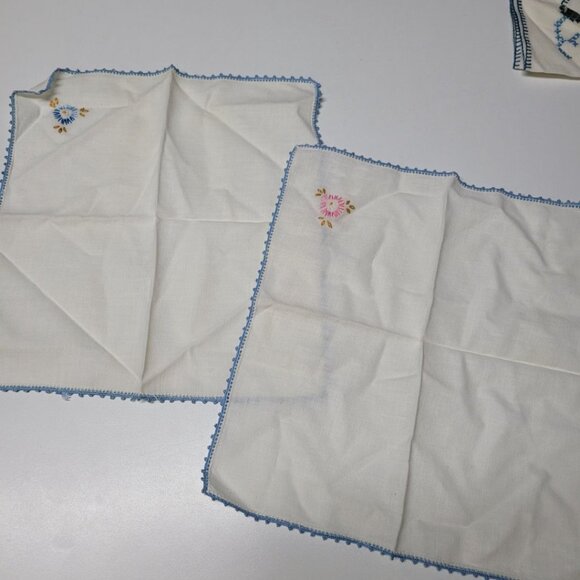 Embroidered Napkin Vintage Linen Handmade Flowers Stitched Blue 10 Inch Blue - Picture 3 of 8
